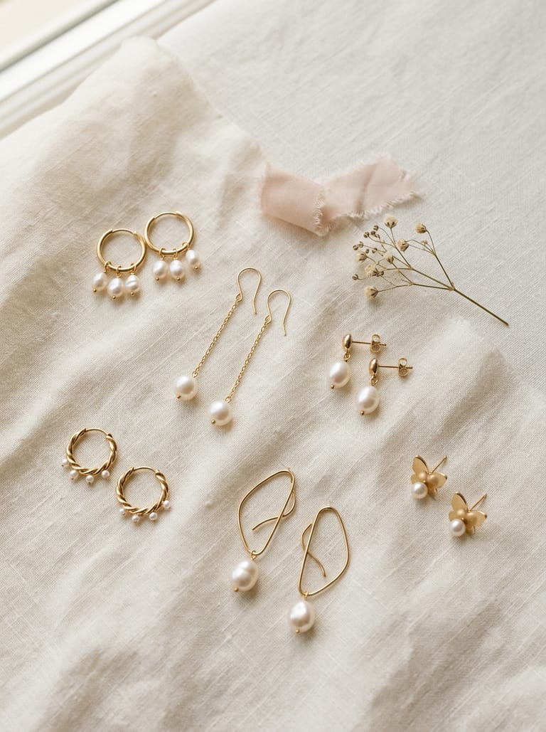 Flat-lay of assorted gold and pearl earrings on ivory linen