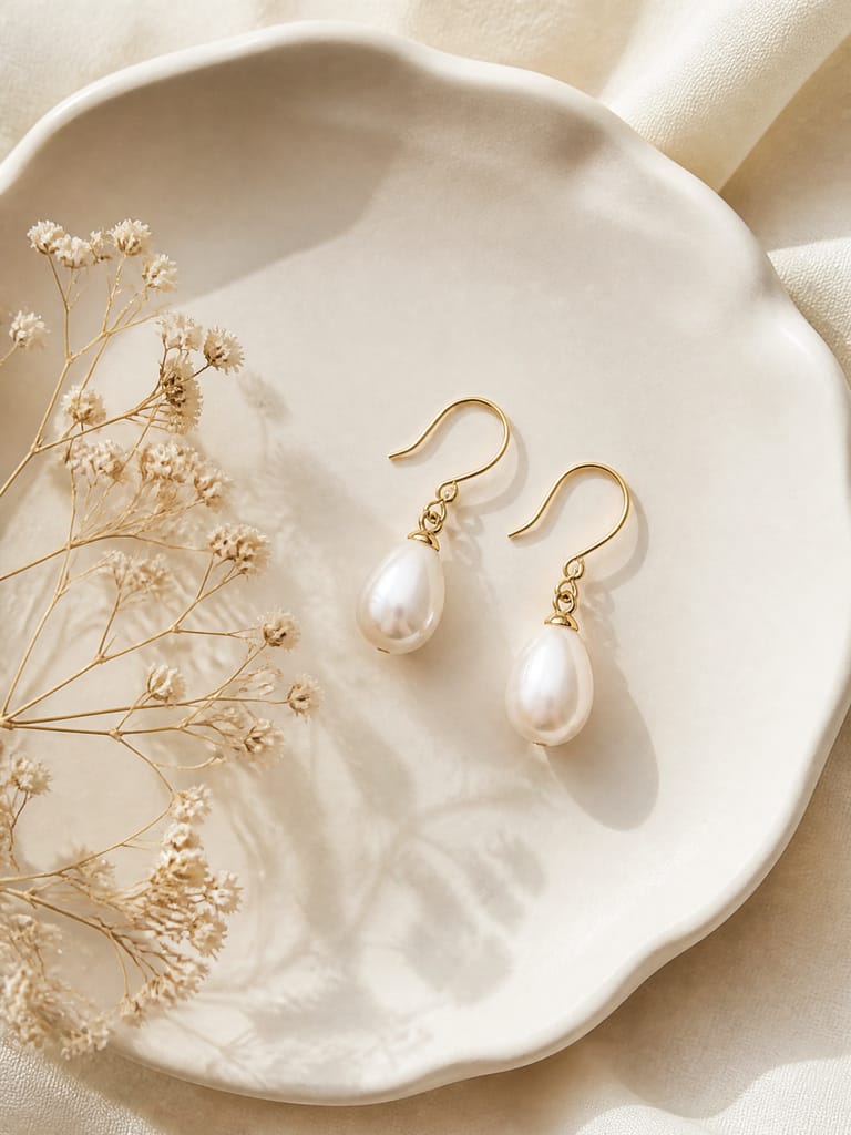 Gold pearl drop earrings on a cream dish with dried flowers
