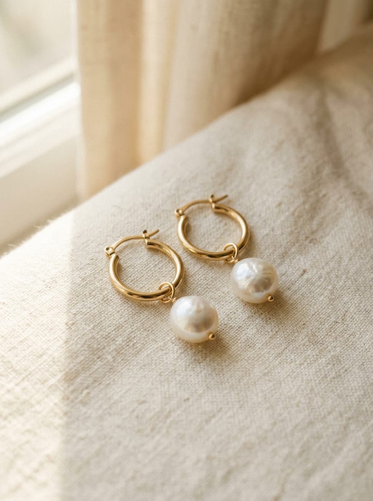 Gold hoop earrings with pearl drops on cream fabric
