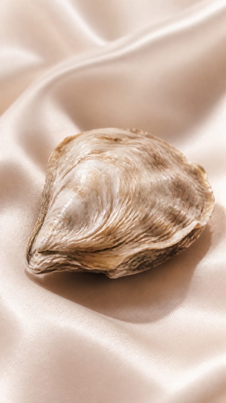 Closed pearl oyster shell on soft blush satin