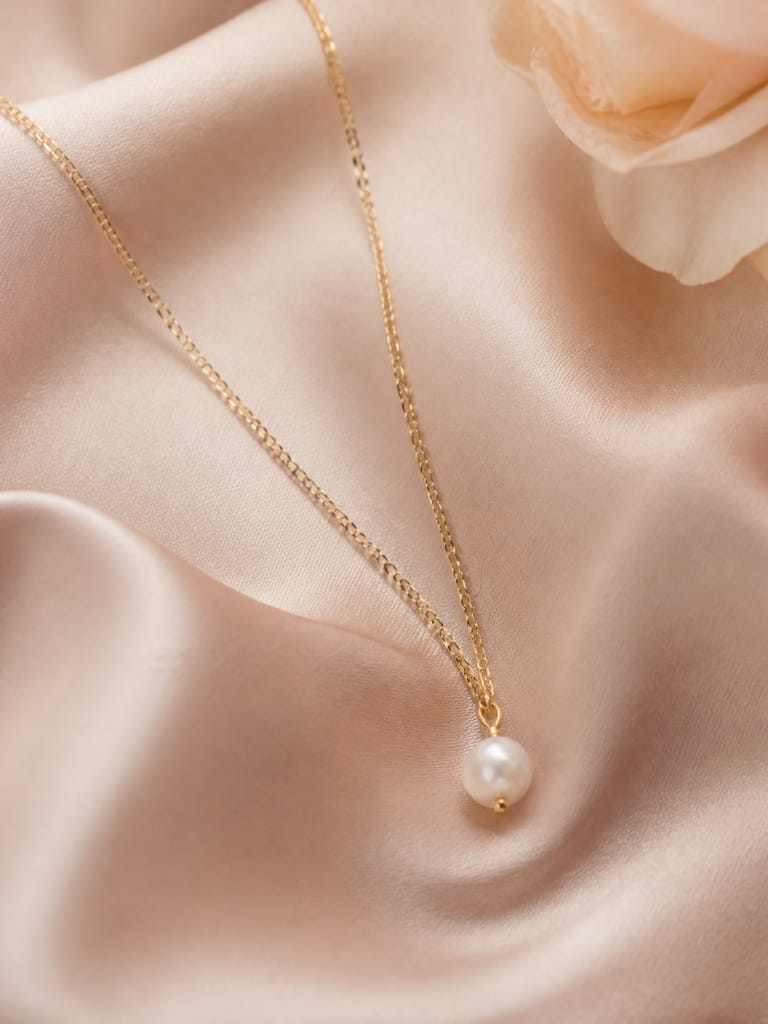 Dainty gold chain with pearl pendant on blush silk