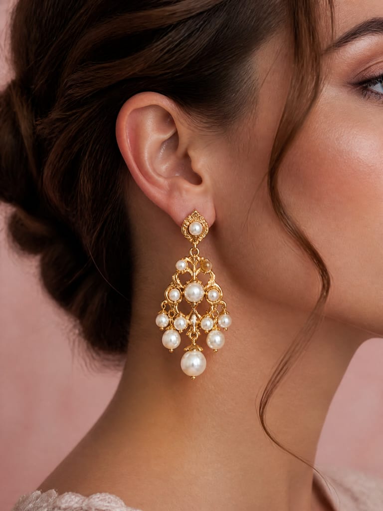 Close-up of a gold and pearl statement earring on the ear