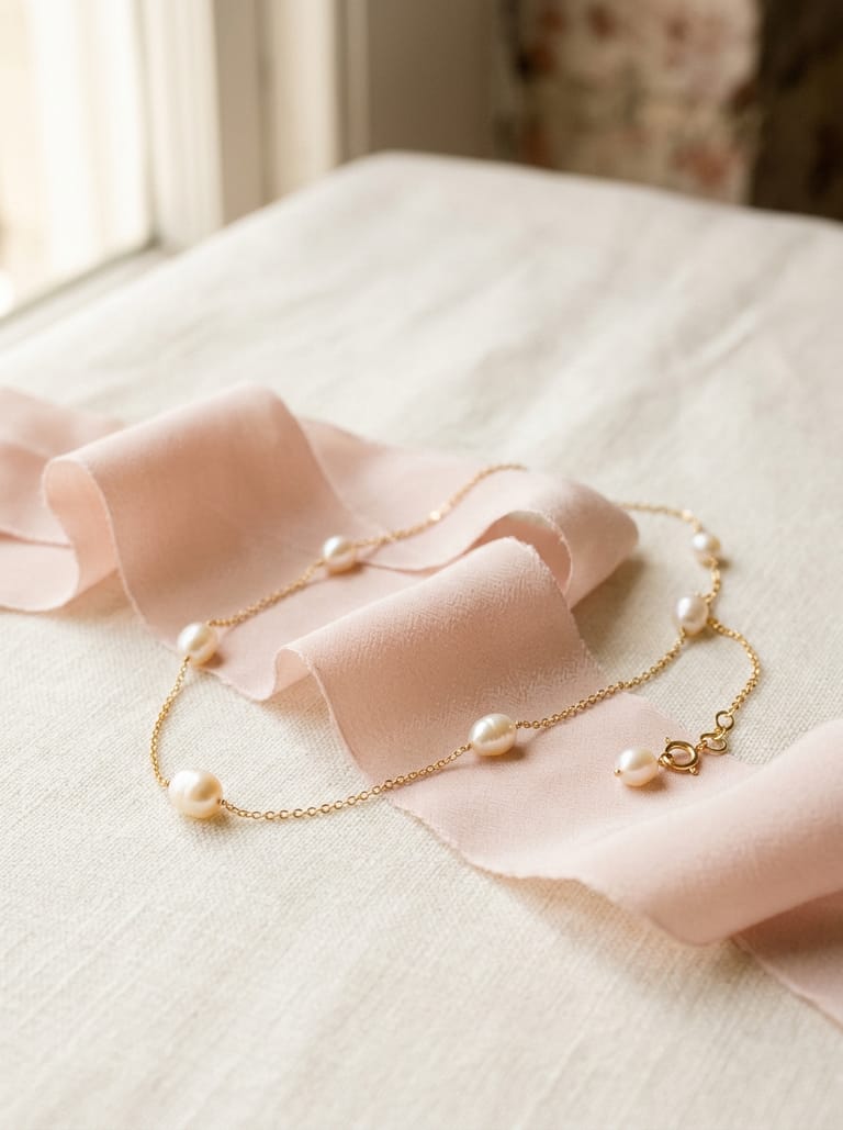Gold necklace draped over a blush silk ribbon