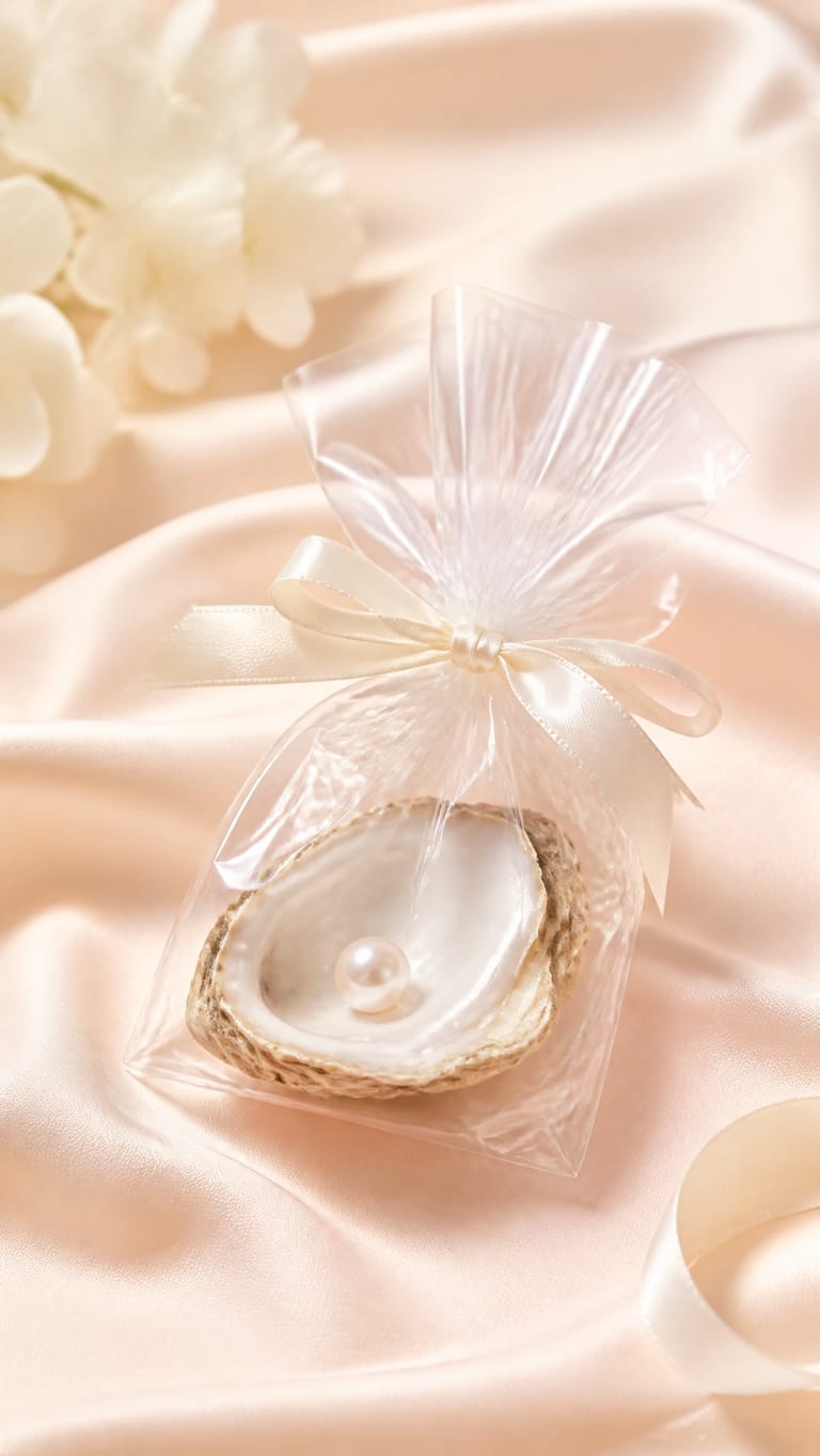Individually sealed pearl oyster keepsake on blush silk