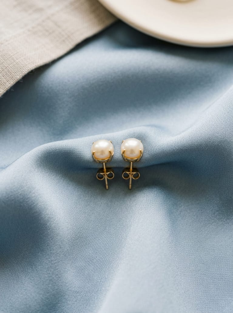 Pearl stud earrings on powder-blue silk