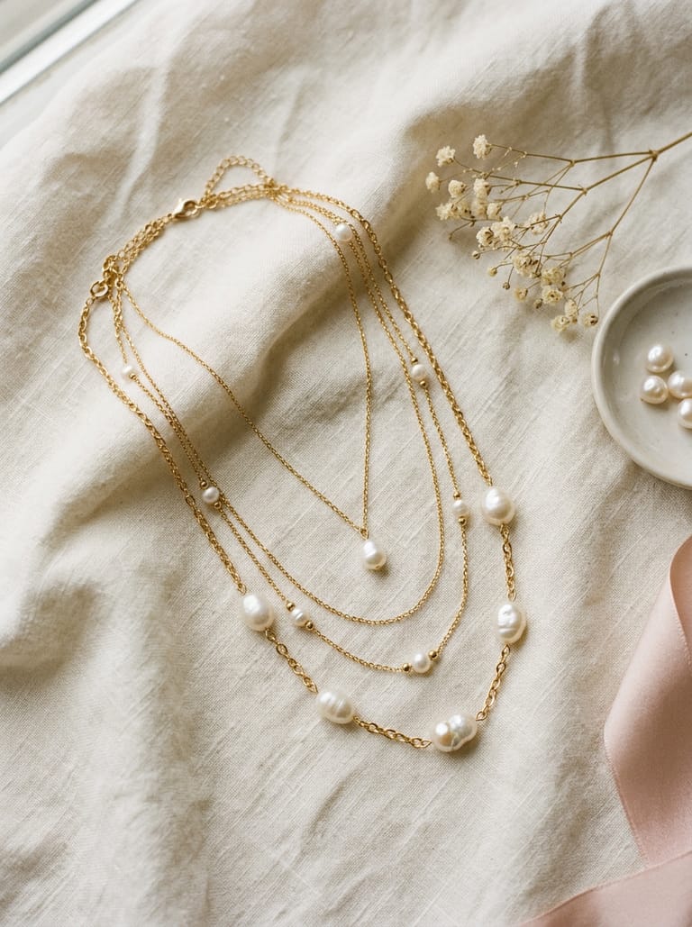 Flat-lay of layered gold necklaces and pearls on cream linen