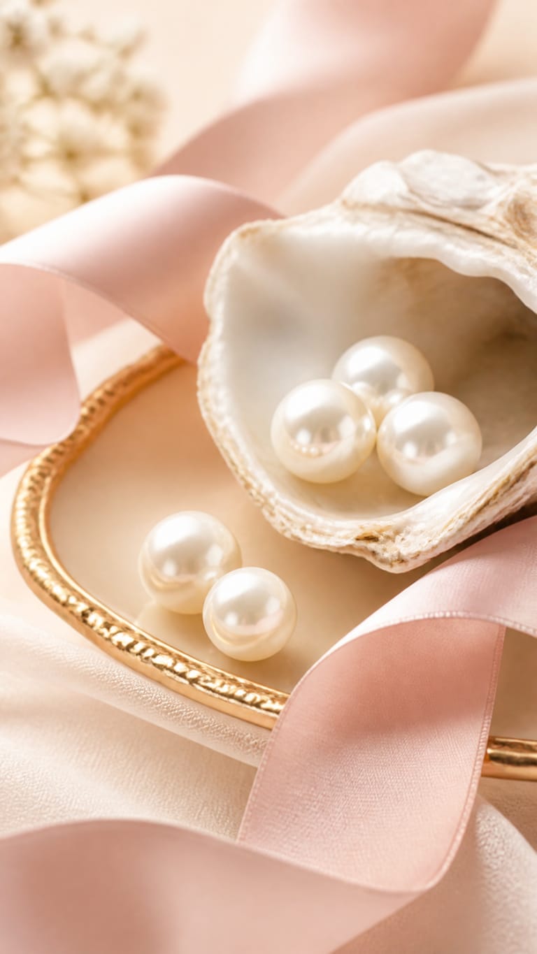Elegant pearls and oyster shell detail with blush ribbon and gold tray